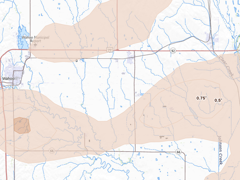 Radar-estimated hail-size map of the storm over Mead, NE on Jul 3, 2026