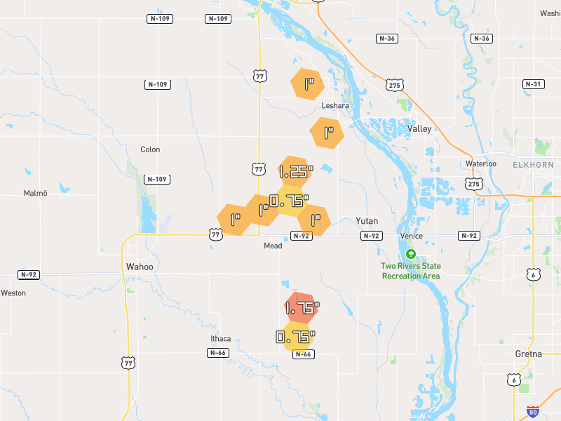 Hail map of Mead, NE on Jul 3, 2026, hail up to 1.75"