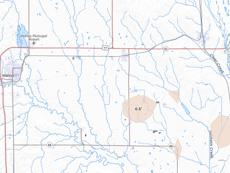 Radar-estimated hail-size map of the storm over Mead, NE on Jul 30, 2026