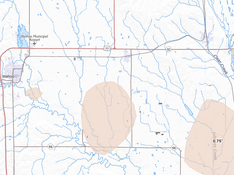 Radar-estimated hail-size map of the storm over Mead, NE on Aug 8, 2026