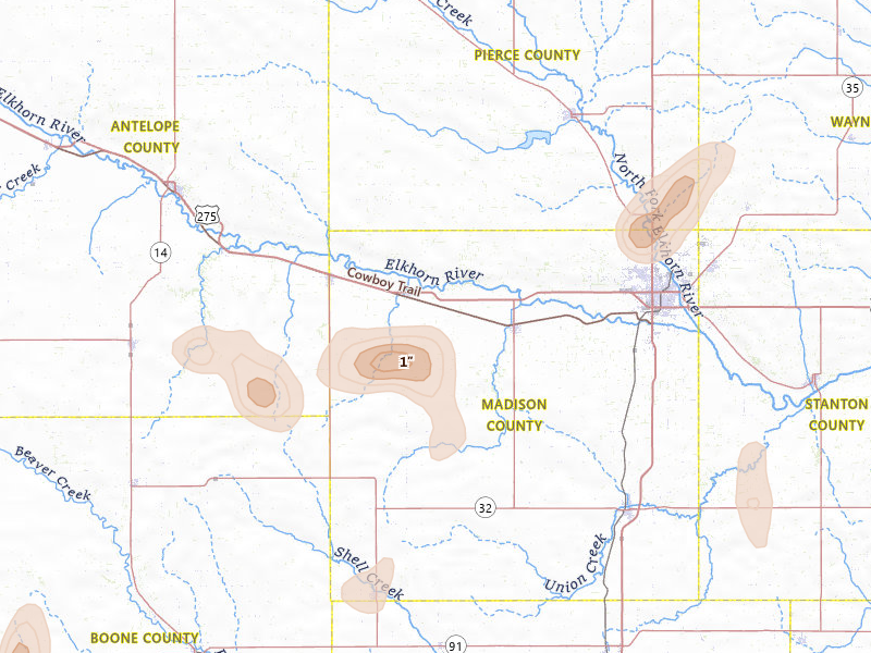 Radar-estimated hail-size map of the storm over Meadow Grove, NE on May 16, 2026