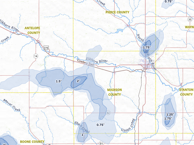 NEXRAD radar-signature map of the hail storm over Meadow Grove, NE on May 16, 2026