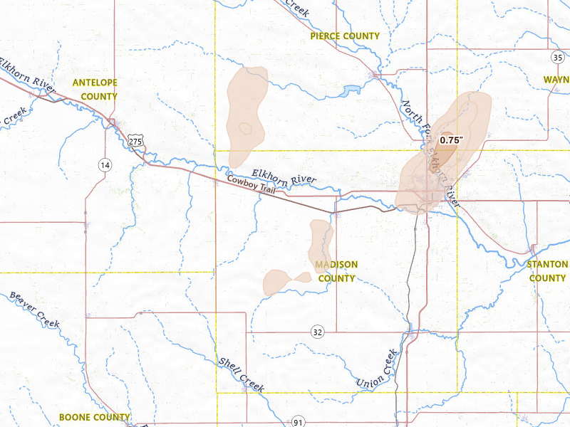 Radar-estimated hail-size map of the storm over Meadow Grove, NE on Jun 9, 2026