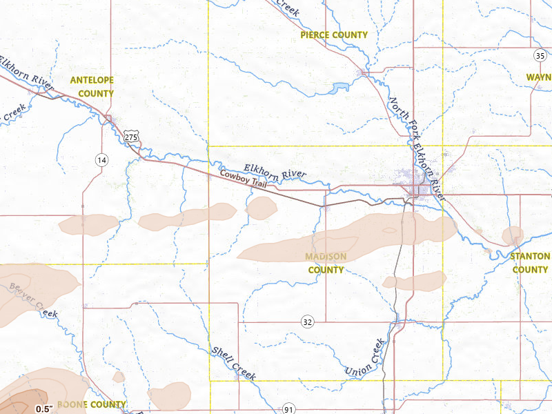 Radar-estimated hail-size map of the storm over Meadow Grove, NE on Jun 12, 2026