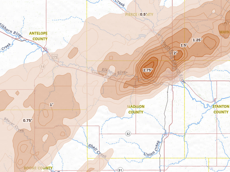 Radar-estimated hail-size map of the storm over Meadow Grove, NE on Jun 29, 2026