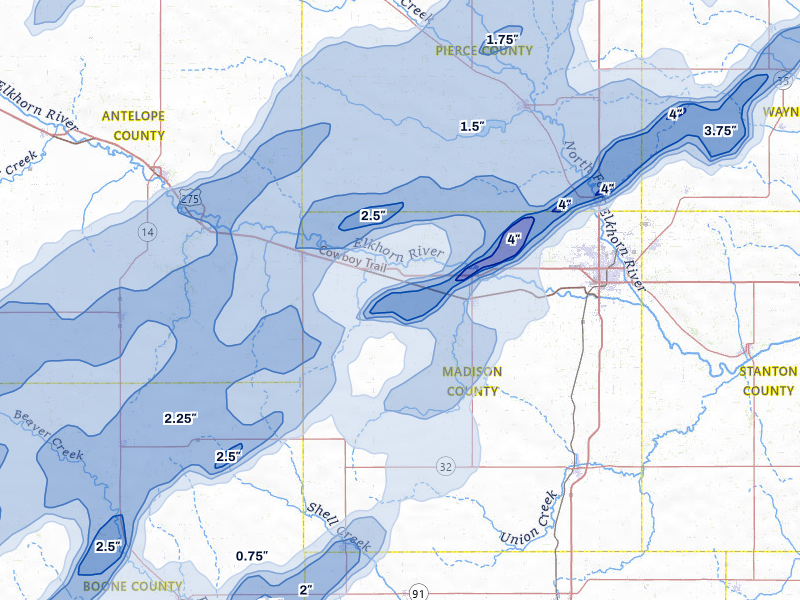 NEXRAD radar-signature map of the hail storm over Meadow Grove, NE on Jun 29, 2026