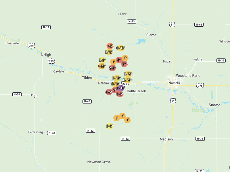 Hail map of Meadow Grove, NE on Jun 30, 2026, hail up to 2.75"