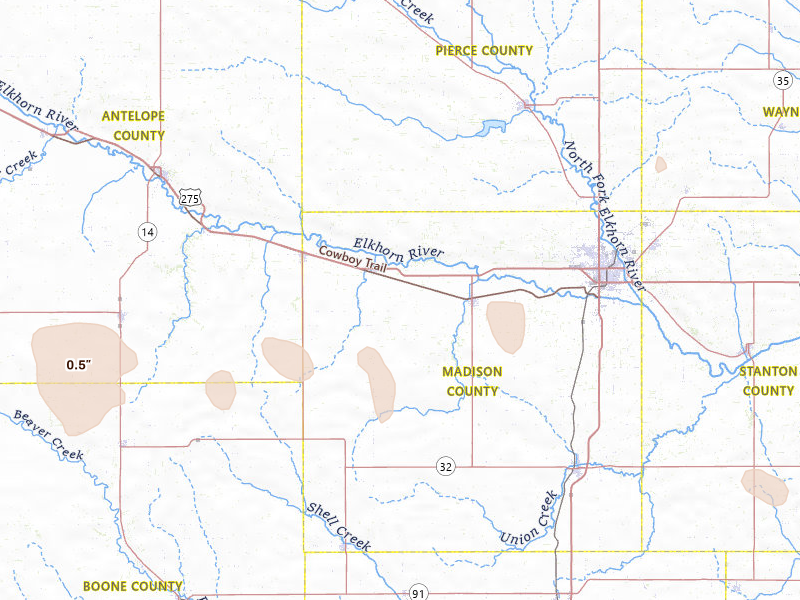 Radar-estimated hail-size map of the storm over Meadow Grove, NE on Jul 30, 2026