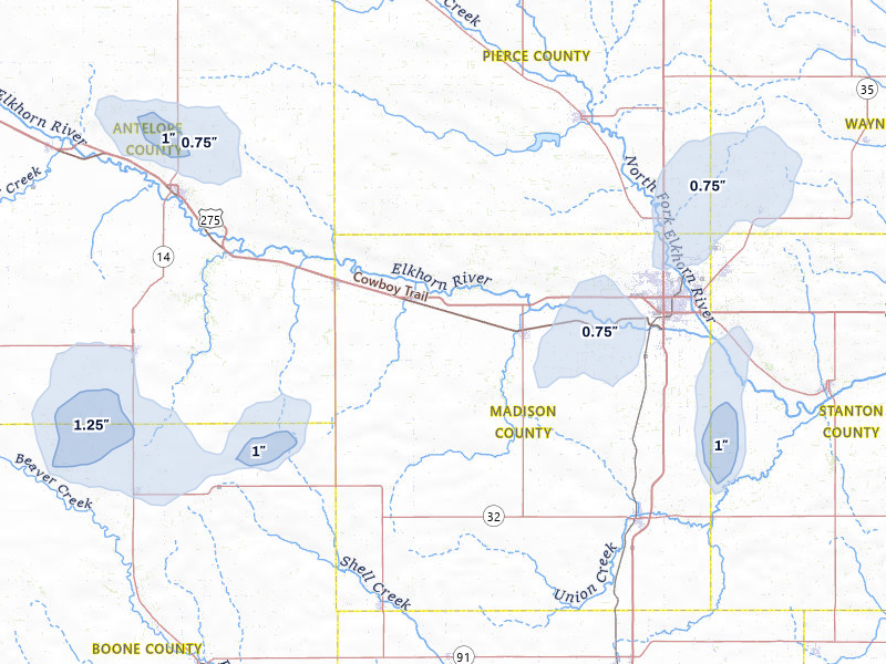 NEXRAD radar-signature map of the hail storm over Meadow Grove, NE on Jul 30, 2026
