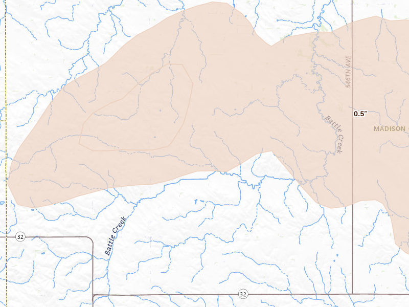 Radar-estimated hail-size map of the storm over Meadow Grove, NE on Aug 12, 2026