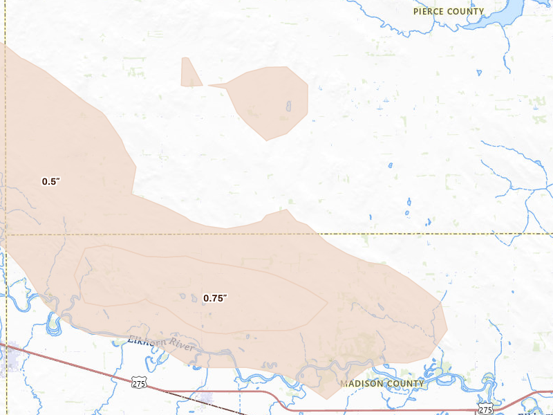 Radar-estimated hail-size map of the storm over Meadow Grove, NE on Aug 23, 2026