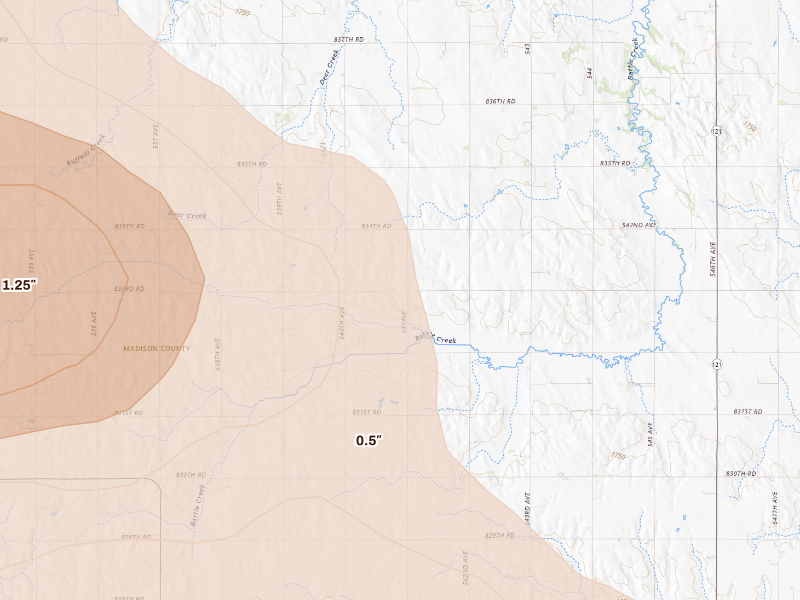 Radar-estimated hail-size map of the storm over Meadow Grove, NE on Sep 11, 2026
