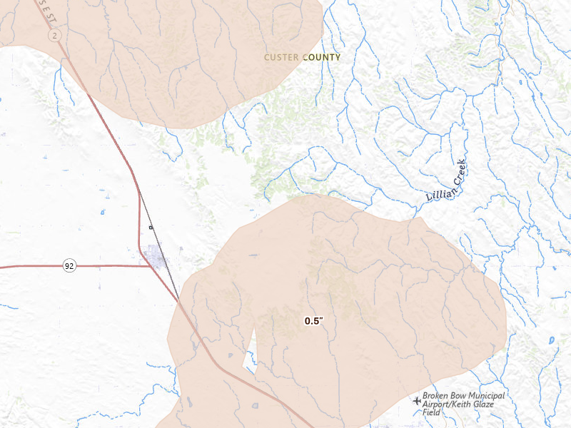 Radar-estimated hail-size map of the storm over Merna, NE on Aug 8, 2026