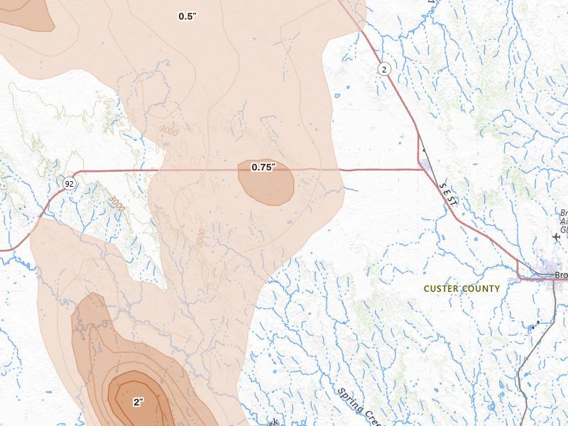 Radar-estimated hail-size map of the storm over Merna, NE on Aug 20, 2026