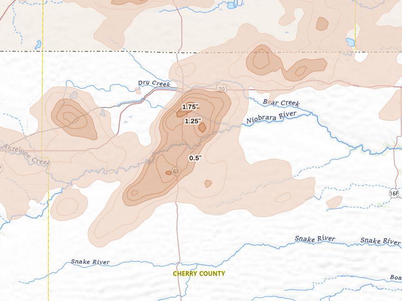Radar-estimated hail-size map of the storm over Merriman, NE on Jun 4, 2026