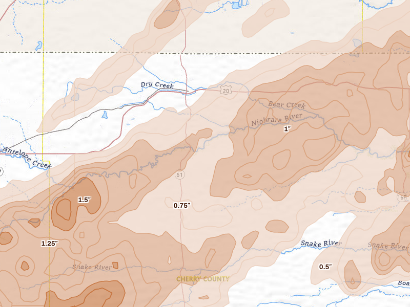 Radar-estimated hail-size map of the storm over Merriman, NE on Jun 27, 2026