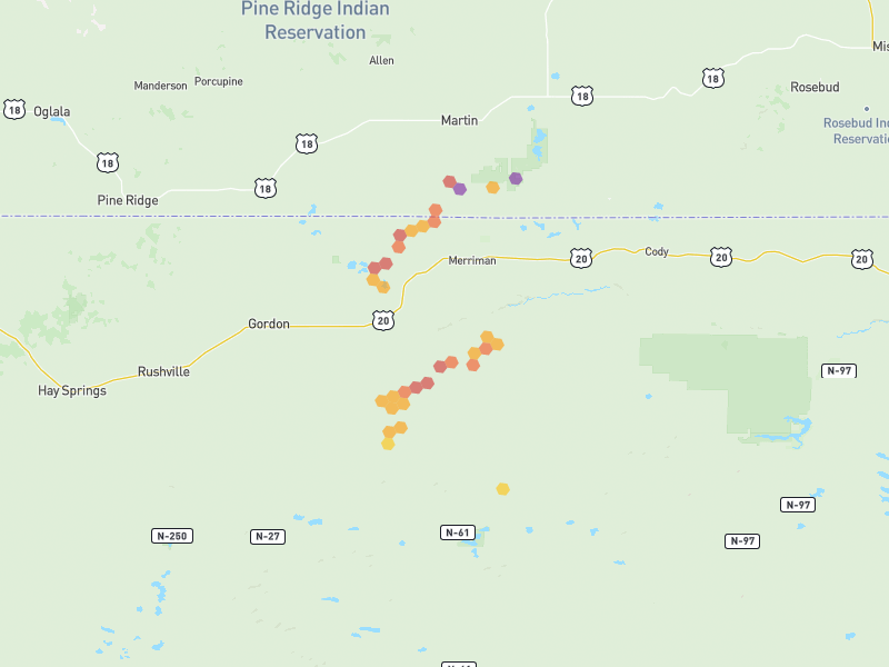 Hail map of Merriman, NE on Jun 29, 2026, hail up to 3"