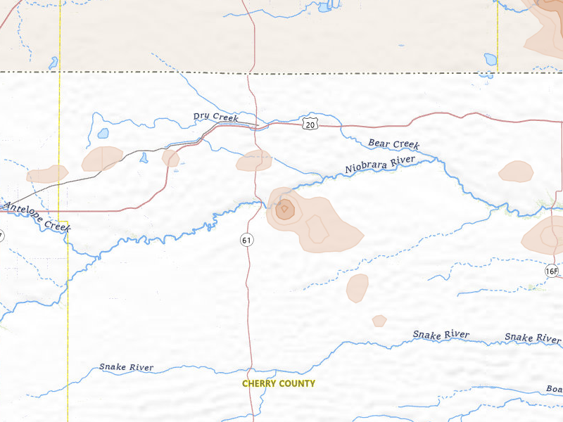 Radar-estimated hail-size map of the storm over Merriman, NE on Jul 9, 2026