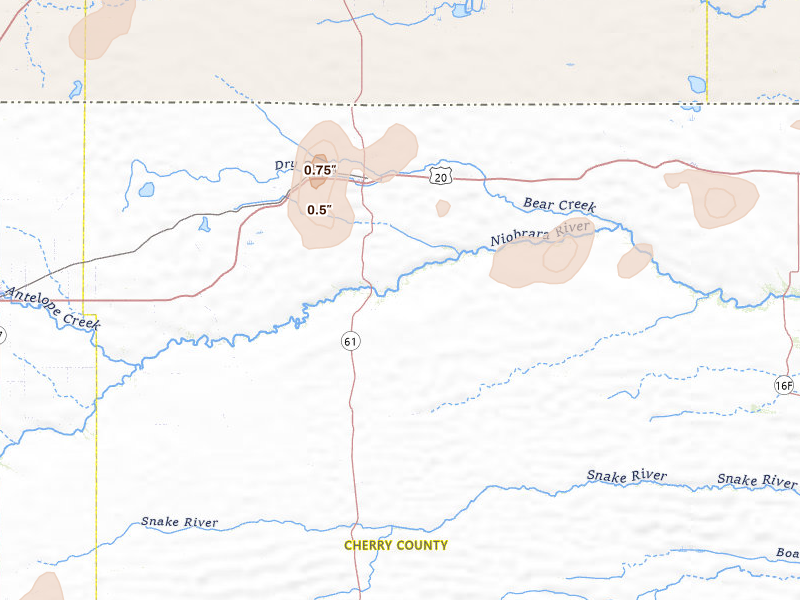 Radar-estimated hail-size map of the storm over Merriman, NE on Jul 29, 2026
