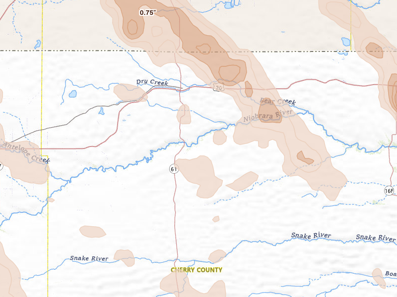 Radar-estimated hail-size map of the storm over Merriman, NE on Aug 16, 2026