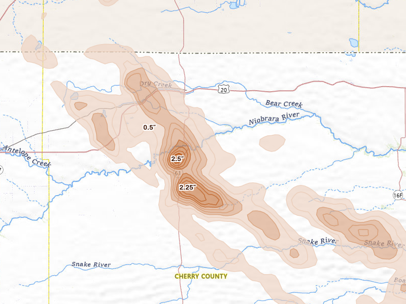 Radar-estimated hail-size map of the storm over Merriman, NE on Aug 24, 2026