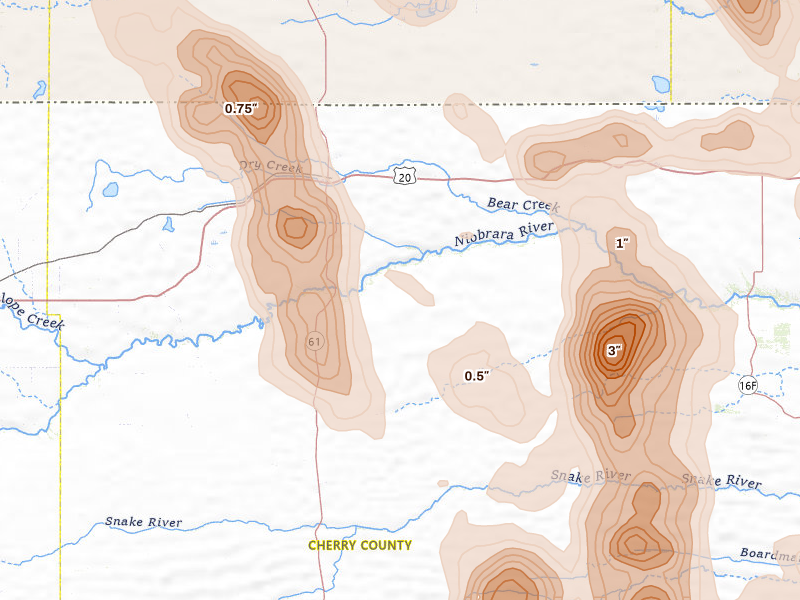 Radar-estimated hail-size map of the storm over Merriman, NE on Aug 27, 2026