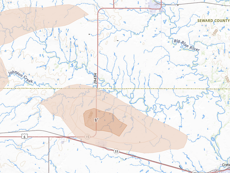 Radar-estimated hail-size map of the storm over Milford, NE on May 15, 2026