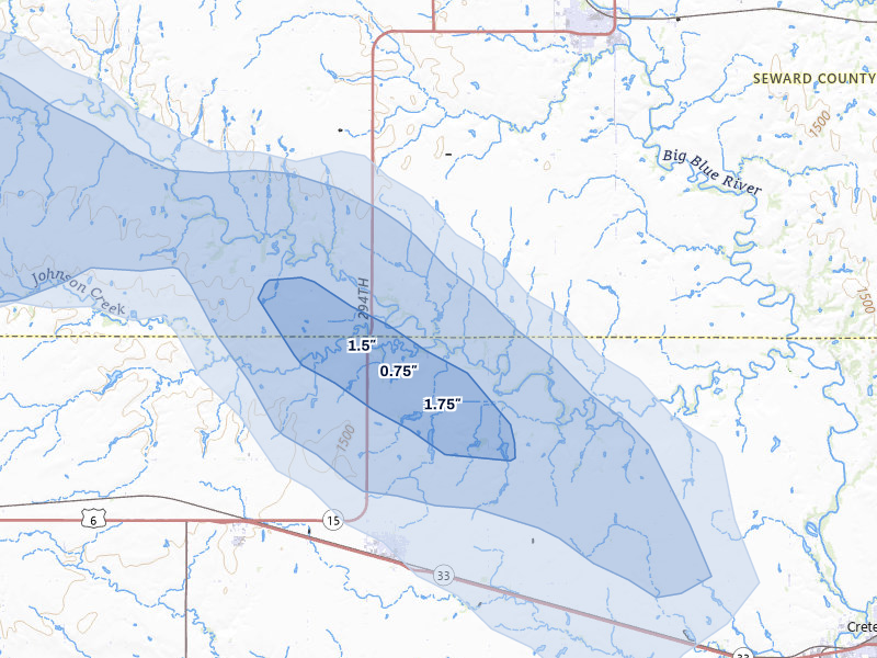 NEXRAD radar-signature map of the hail storm over Milford, NE on May 15, 2026