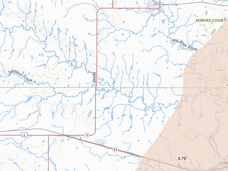 Radar-estimated hail-size map of the storm over Milford, NE on May 17, 2026