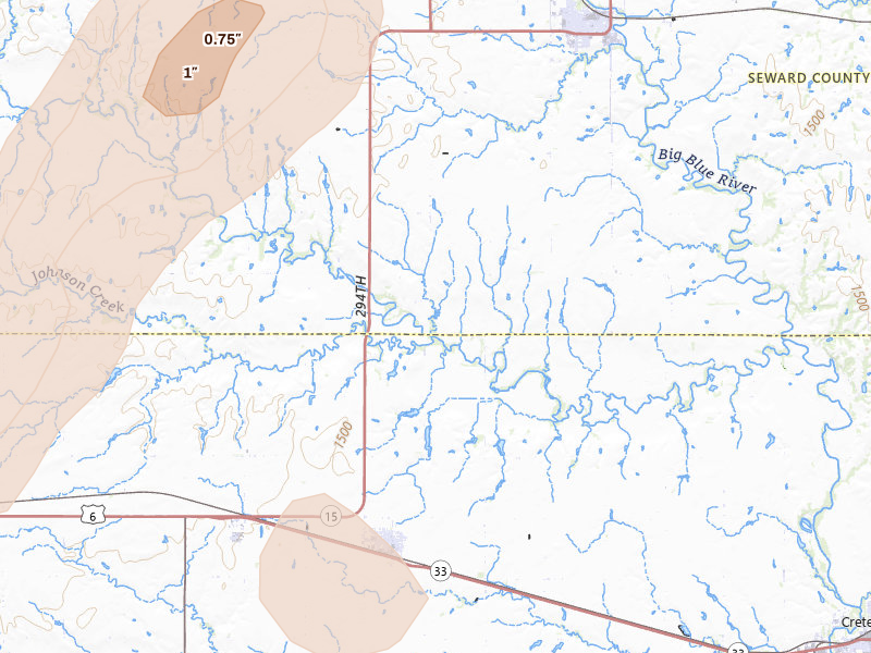 Radar-estimated hail-size map of the storm over Milford, NE on May 18, 2026