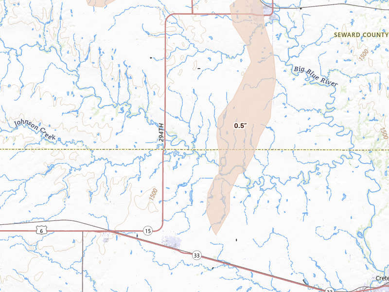 Radar-estimated hail-size map of the storm over Milford, NE on May 30, 2026