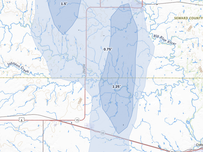 NEXRAD radar-signature map of the hail storm over Milford, NE on May 30, 2026