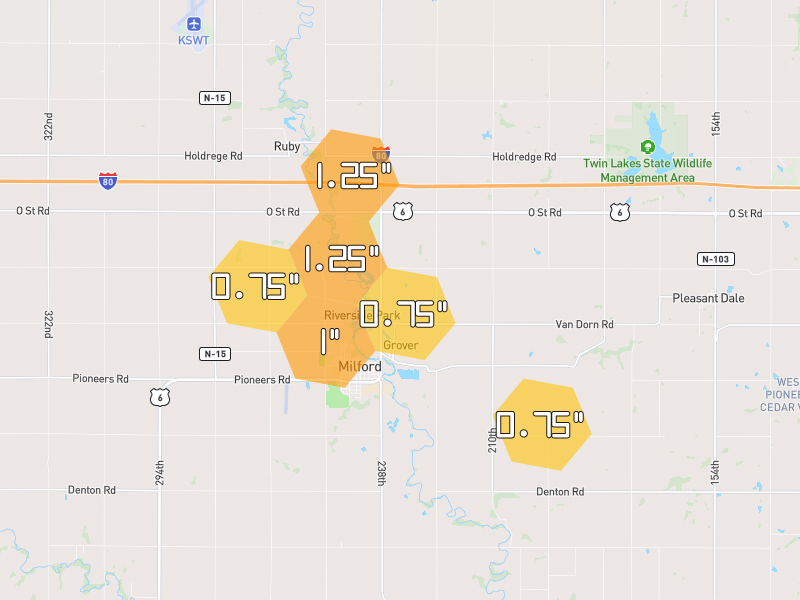 Hail map of Milford, NE on Jun 2, 2026, hail up to 1.25"