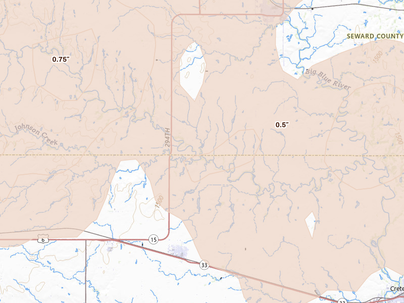 Radar-estimated hail-size map of the storm over Milford, NE on Jun 10, 2026