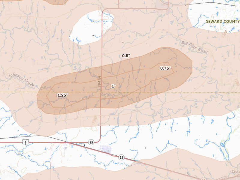 Radar-estimated hail-size map of the storm over Milford, NE on Jul 3, 2026