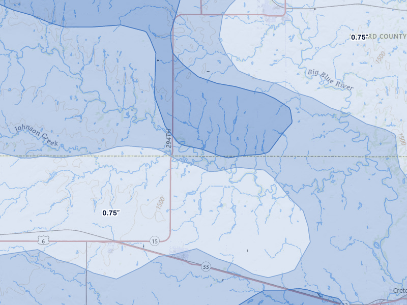 NEXRAD radar-signature map of the hail storm over Milford, NE on Jul 3, 2026