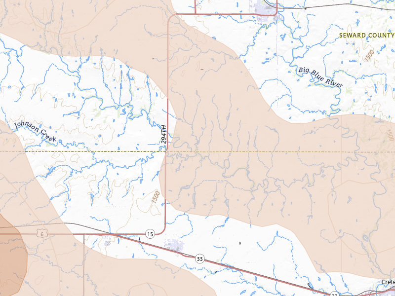 Radar-estimated hail-size map of the storm over Milford, NE on Jul 8, 2026