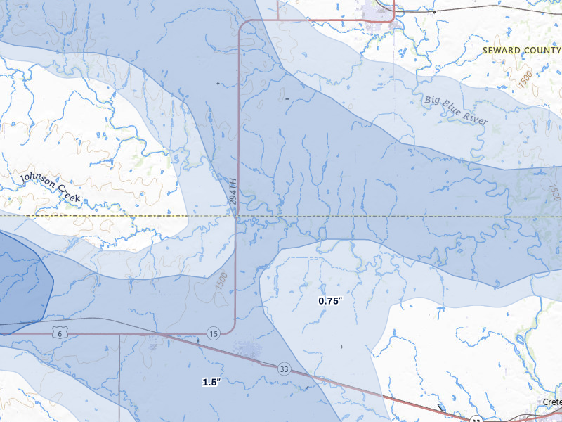 NEXRAD radar-signature map of the hail storm over Milford, NE on Jul 8, 2026