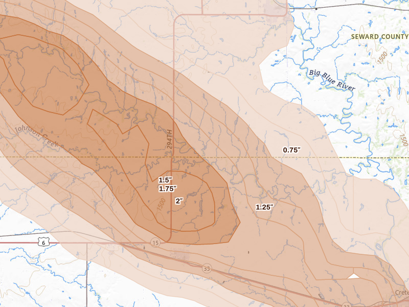 Radar-estimated hail-size map of the storm over Milford, NE on Aug 17, 2026