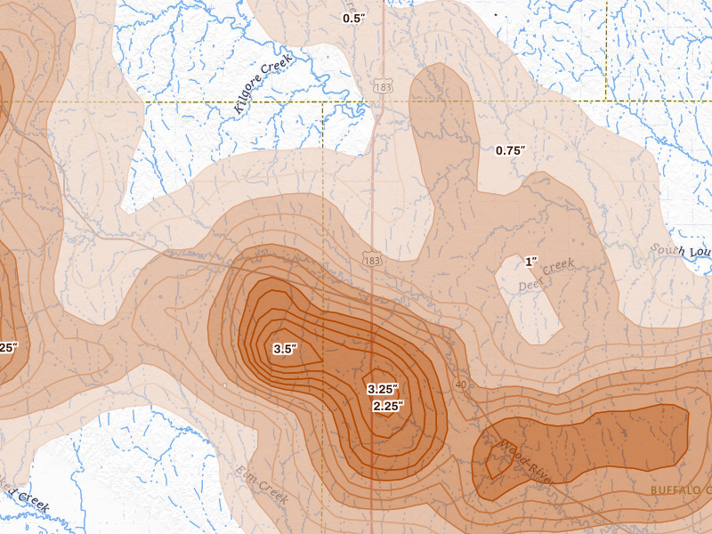Radar-estimated hail-size map of the storm over Miller, NE on May 16, 2026