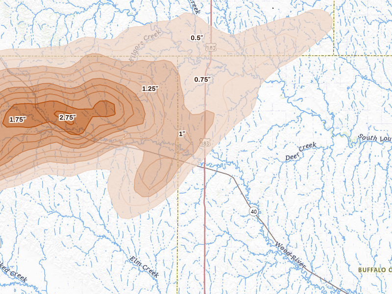 Radar-estimated hail-size map of the storm over Miller, NE on Jun 8, 2026
