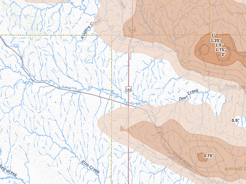 Radar-estimated hail-size map of the storm over Miller, NE on Jun 20, 2026