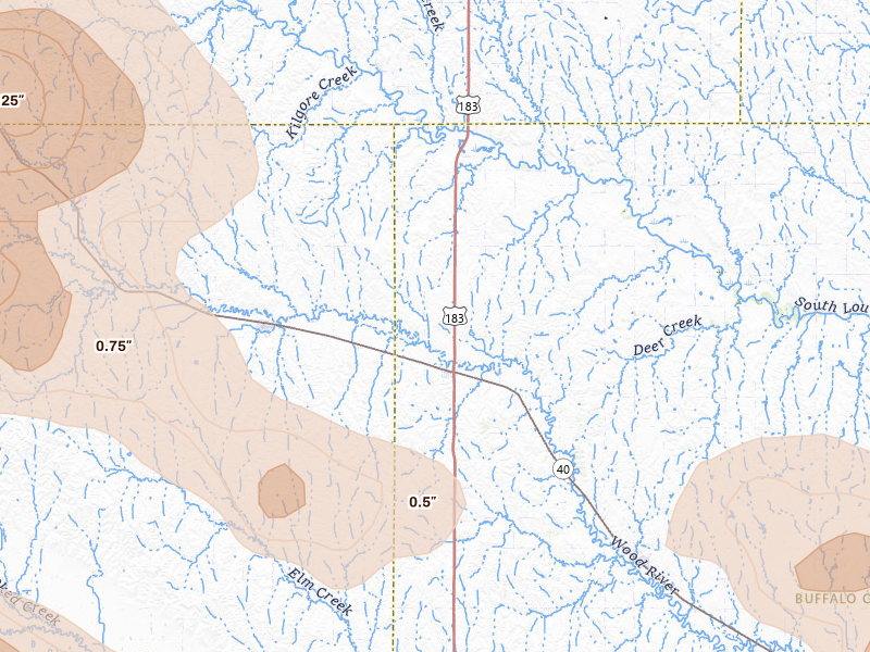 Radar-estimated hail-size map of the storm over Miller, NE on Jul 30, 2026