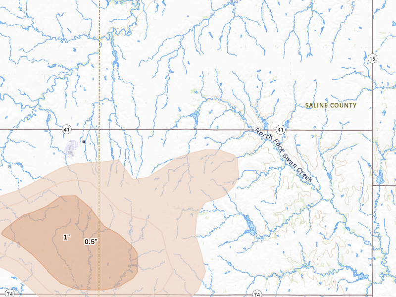 Radar-estimated hail-size map of the storm over Milligan, NE on May 15, 2026