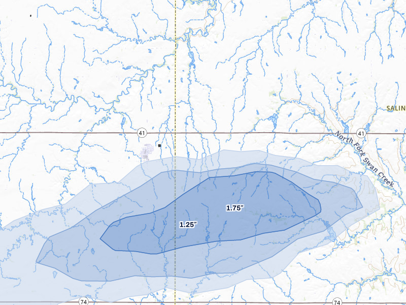 NEXRAD radar-signature map of the hail storm over Milligan, NE on May 15, 2026