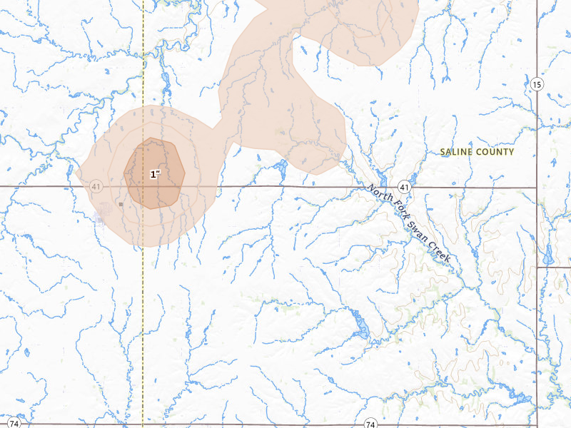 Radar-estimated hail-size map of the storm over Milligan, NE on May 18, 2026