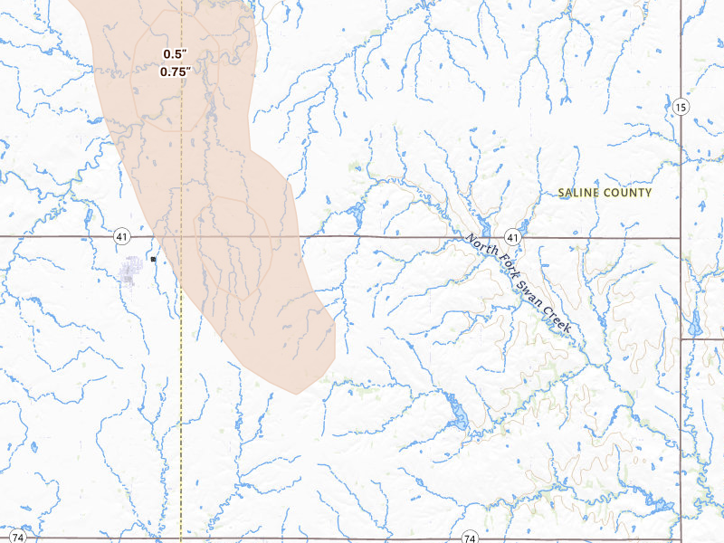 Radar-estimated hail-size map of the storm over Milligan, NE on Jun 1, 2026