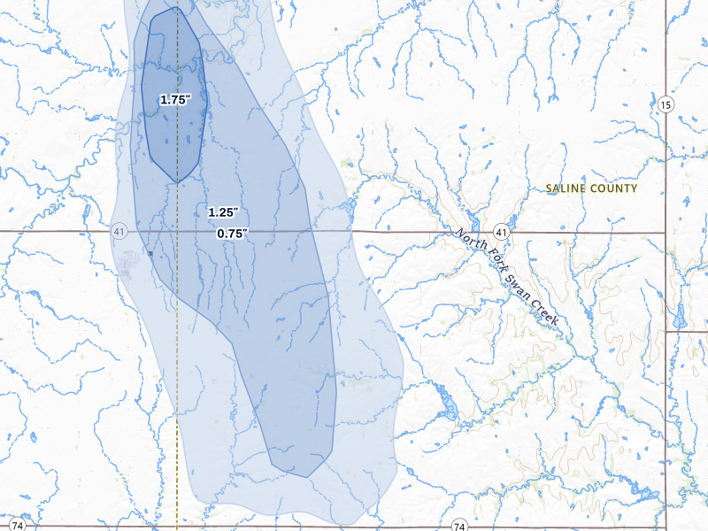 NEXRAD radar-signature map of the hail storm over Milligan, NE on Jun 1, 2026