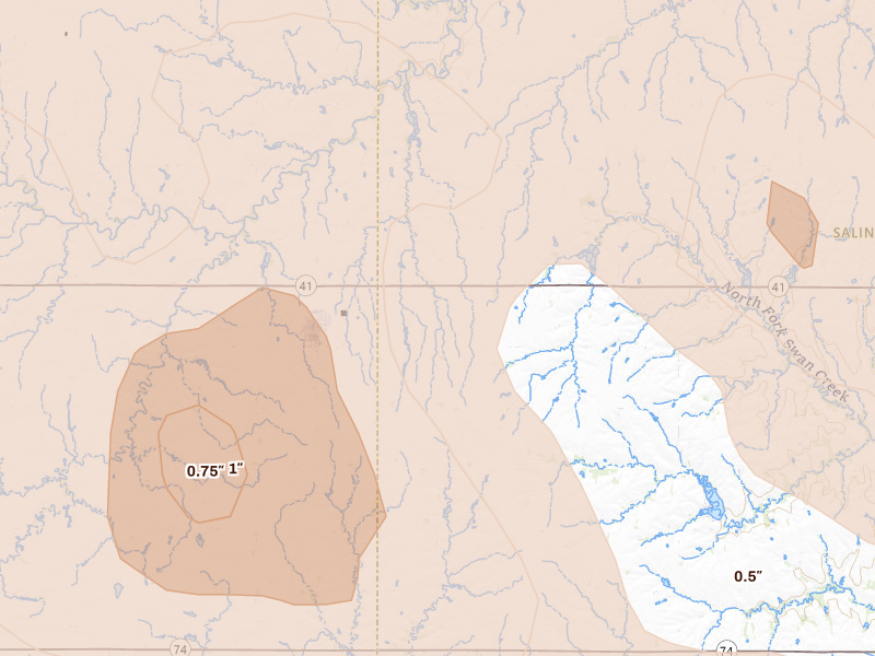 Radar-estimated hail-size map of the storm over Milligan, NE on Jun 5, 2026