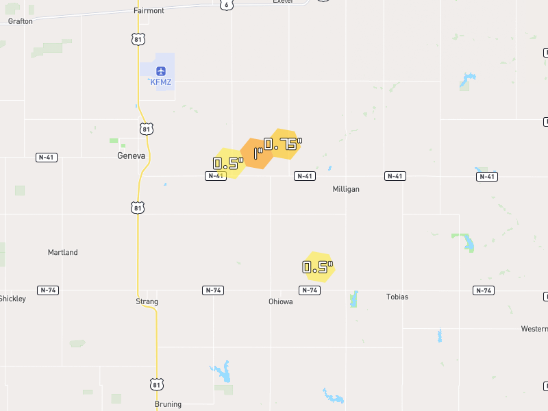 Hail map of Milligan, NE on Jul 3, 2026, hail up to 1"